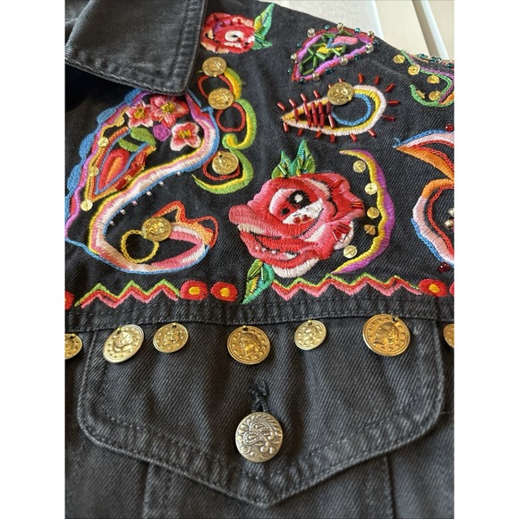 Womens Black Floral Boho Maximalist Dopamine Western Embroidered Denim Coat Sz14 - Picture 4 of 14
